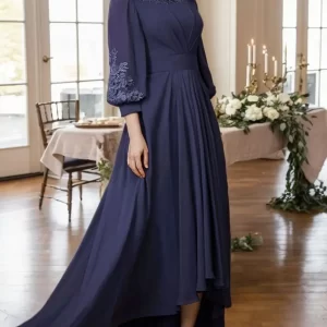 kf-S1455464ca06843cdaec3076d02a96ebfj Elegant A-Line Mother of the Bride Dress Chiffon Lace Bateau Neckline 3/4 Sleeves Ruched Asymmetrical Hem 2025 Free Customized