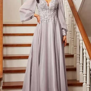 kf-S79da2e16f856465fb01f05cc9fedc91bD Elegant A-Line Formal Evening Dress Long Sleeve Chiffon V-Neck Floor-Length Applique Wedding Guest Dress 2025 free customized