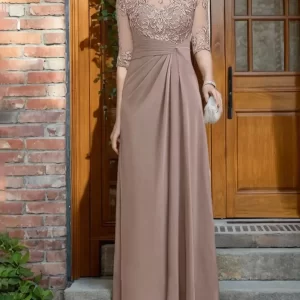 kf-S80885522727e44308e9fa831df7938b07 Elegant Wedding Guest Dress Floor Length Chiffon Lace Half Sleeve Pleated Appliques Evening Dress Plus Size 2025 free customized