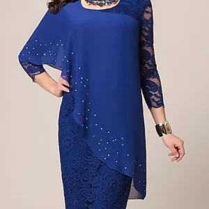 kf-Sac7a95a354a64cf59b56f676aae11779o Elegant A-Line Mother of the Bride Gown Classic Knee Length Chiffon Lace 3/4 Sleeve Scoop Neck Beading Gown 2025 free customized