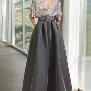 kf-Sf2e9a76c424e4fe08f339d78d900bb6d8 Elegant A-Line Prom Evening Dress V Neck Sparkle Satin Pleated Half Sleeve Ankle Length Wedding Guest Dress 2025 Free Customized